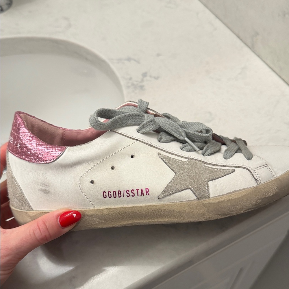 Golden Goose White and Pink Superstar Sneakers
